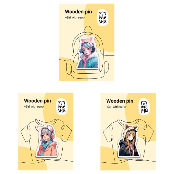 Деревянный значок MESHU "Girls with ears", каширование, 1шт. 360471 MS_54869