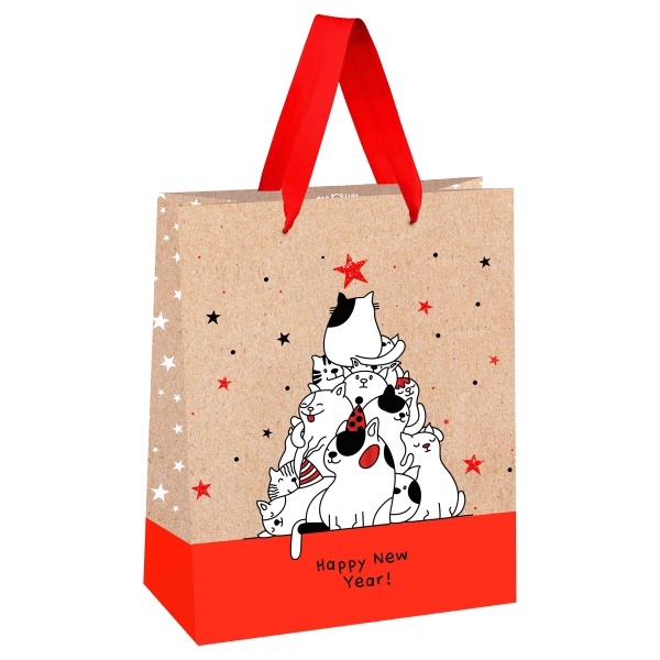 Пакет подарочный 18*23*10см MESHU "New Year of Cats", выборочный лак, блестки, крафт 354564 MS_51781